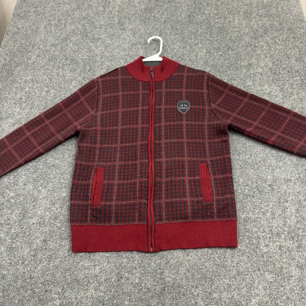 Karaca Sweater Mens M Bordo Wool Blend Plaid Full Zip Mock Neck Casual Classic